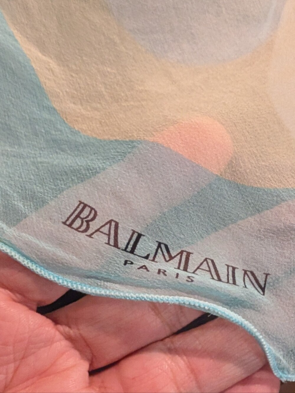 Vintage Balmain Paris 100% Silk Sheer Retro Pale Blue Green Yellow 27 X 27 Scarf - Picture 3 of 5